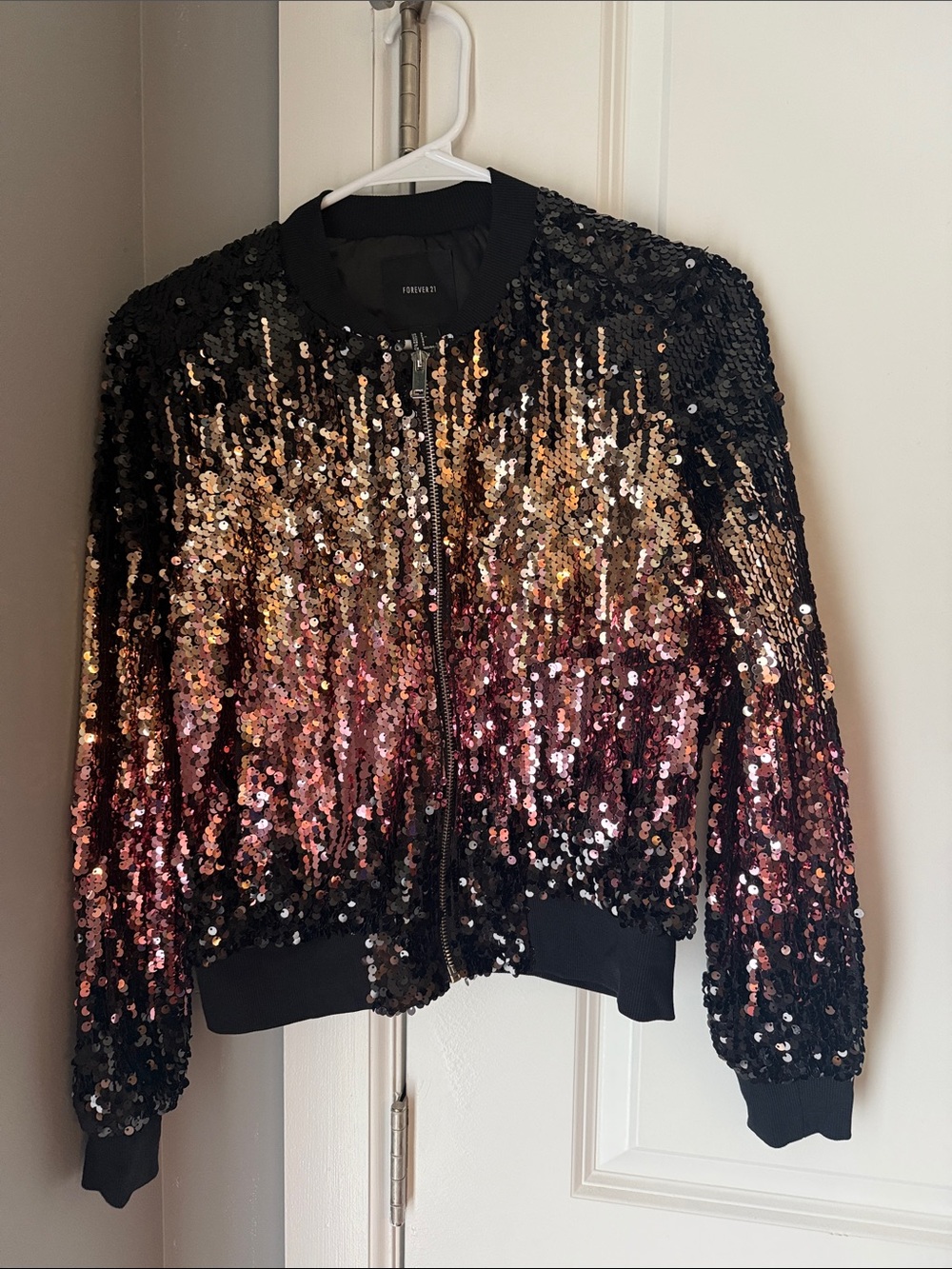 Forever 21 Black Sequin Bomber Jacket with Gold & Rose Ombre